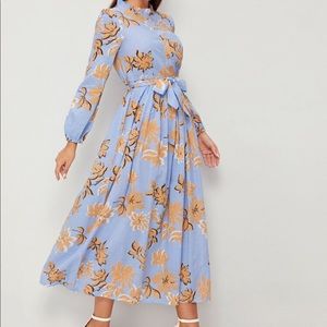 NEW Floral Print Frill Neck Belted Dress